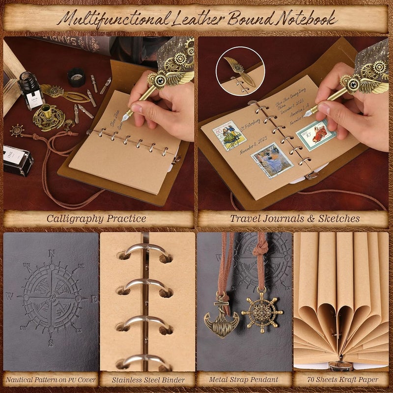 GrnVibe Quill Pen and Ink Set,Calligraphy Pen Set for beginners,Feather Pen Set with Leather Notebook,Pen Holder,5 Replaceable Nibs,Bookmark,Letter Writing Kit & Wax Seal Stamp Kit-Calligraphy Pens Gift Set - Image 3